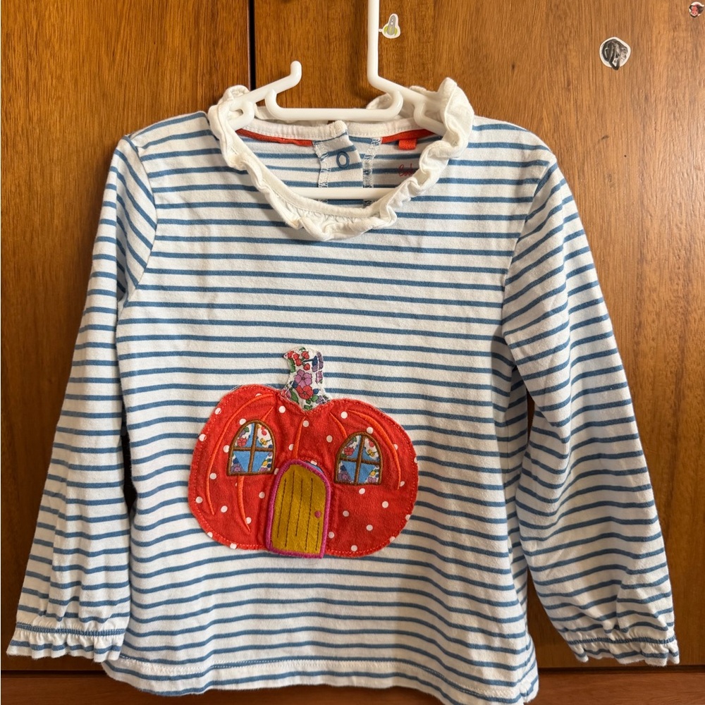 Mini Boden Blue and White Striped Shirt with Pumpkin Design